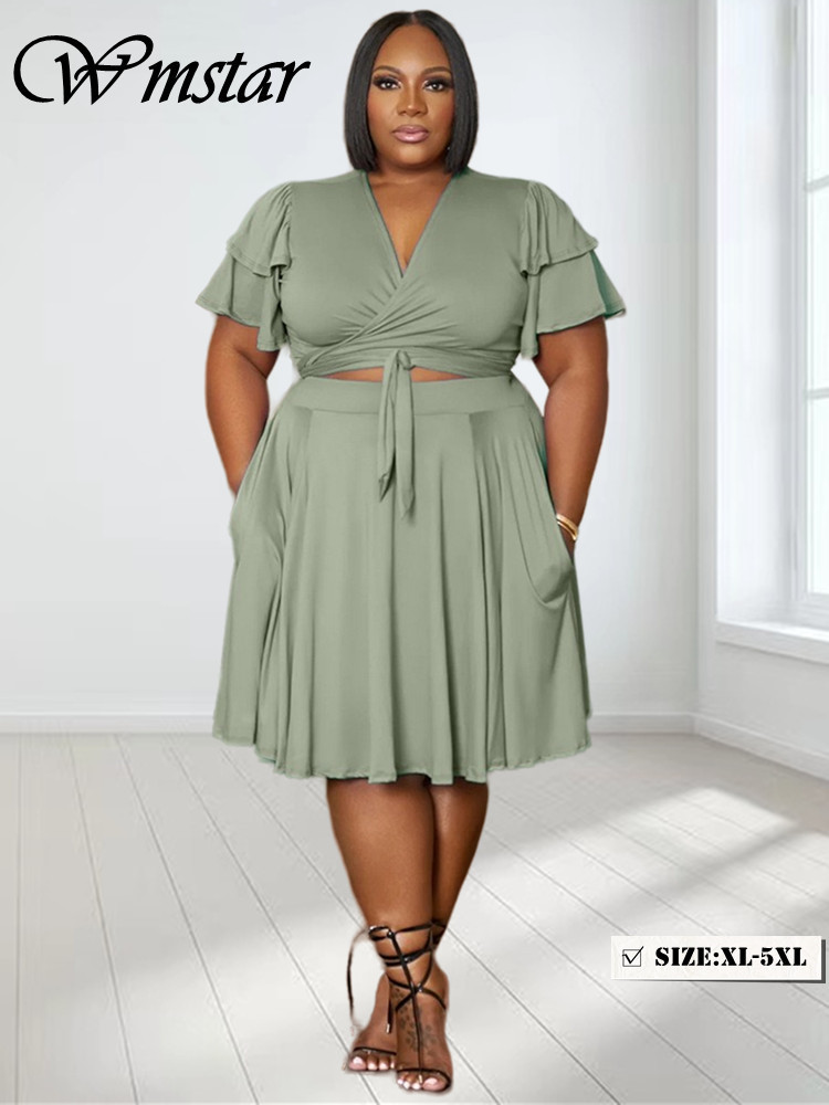 Summer Clothing Women Sale - طقم تنورات وجيوب صغيرة برقبة V