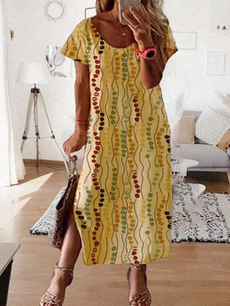 فستان ميدي مطبوع باللون الأصفر - مراجعة Summer Upf Clothing وسعره